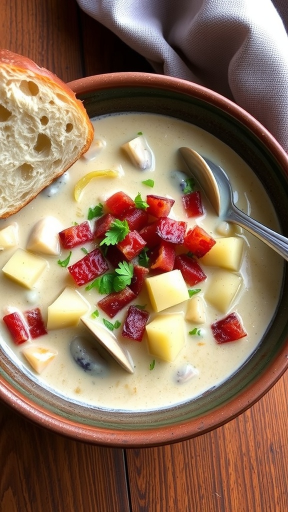 A bowl of creamy clam chowder with clams, potatoes, and bacon on a rustic table with bread.